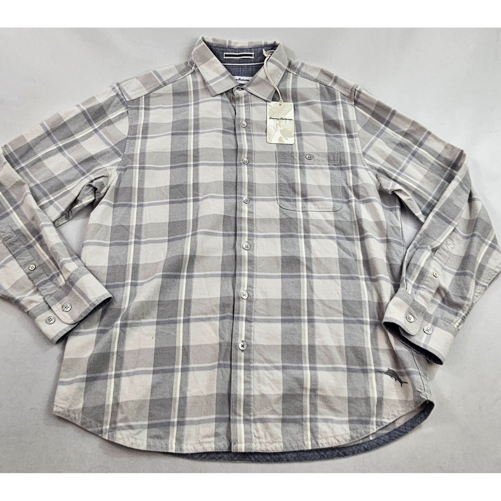 Tommy Bahama shirt M Medium grey buttons check cotton palms pocket logo mens